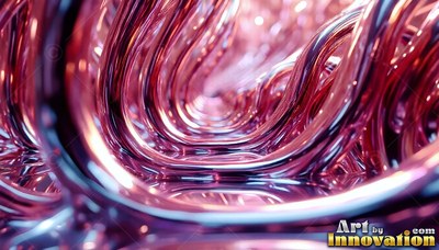 Thick strands of glossy pink and silver fluid curve into a swirl