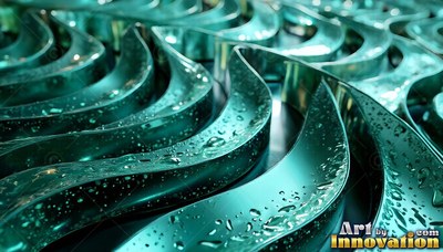 In close view, curved green metal bands are covered with clear water drops
