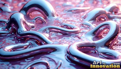 Curling across a wet surface, silver liquid chrome forms thick loops under soft pink light