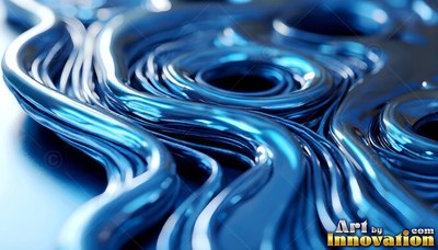 Glossy blue fluid swirls in thick curved ridges across a dark surface