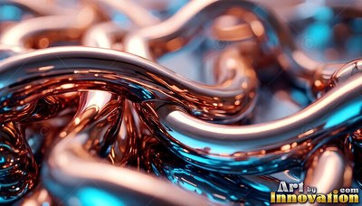 Smooth, glossy curves of thick copper liquid twist together over a shadowy blue background