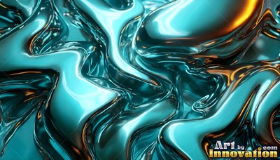 Teal liquid metal flows in smooth ripples with warm orange highlights on the curves