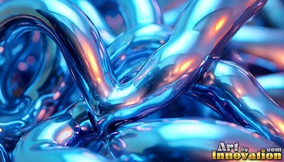 Curving upward, shiny deep blue liquid tubes reflect warm orange light
