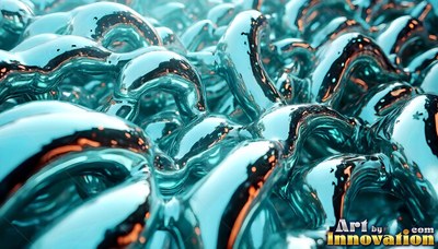 Thick shiny turquoise fluid loops together under bright light