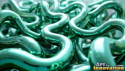 In bright light, glossy green liquid tubes bend and loop together