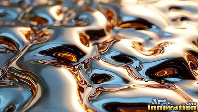 Rippling in dim light, molten gold fluid pools in smooth metallic waves