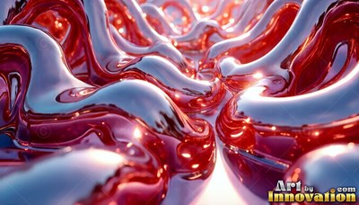 Shiny red liquid flows in curving waves in bright light