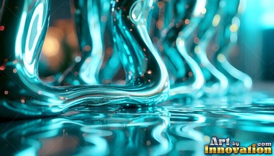 Curving turquoise fluid arches rise up from a wet surface under soft bokeh lights