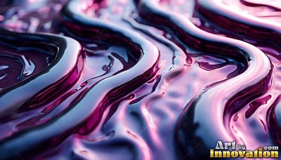 Glossy purple fluid curves into smooth ripples, reflecting bright pink light