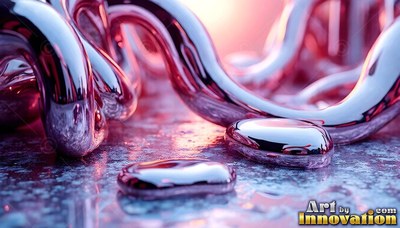 Coiling in close-up over wet stone, shiny pink fluid forms smooth loops