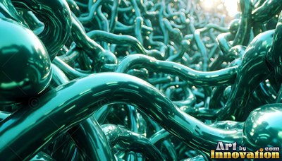 A tangled pile of glossy teal liquid tubes shining in bright daylight