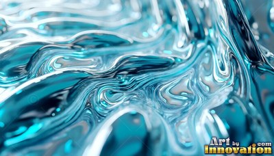 In a close view, shiny ripples of thick teal and silver fluid swirl together