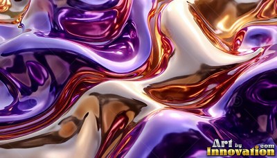 Swirling into smooth folds, glossy liquid ripples in purple and gold waves