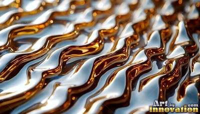 Rippling ridges of molten gold and silver fluid reflect bright overhead light