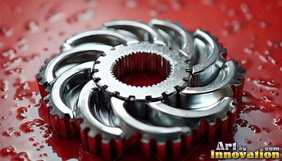 On a wet red surface, a shiny steel cog rests flat under bright light