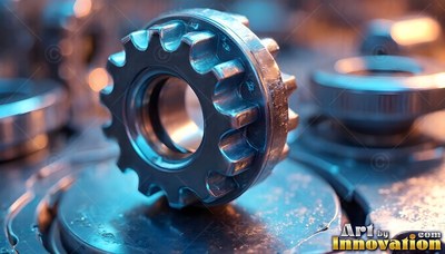 Standing upright on a circular plate, a steel gear reflects blue light