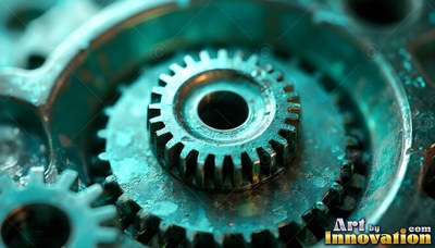 Close-up of a teal metallic gear inside machinery