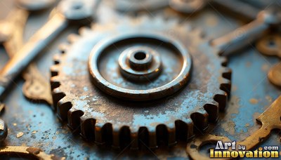 Rusted metal teeth edge a blue gear lying flat on a blurred bronze watch mechanism