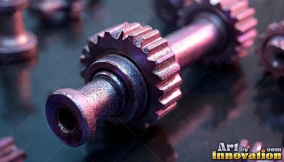 A metal gear rests on a dark surface under soft pink light