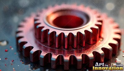 A small red metallic gear sits on a dark surface in soft light