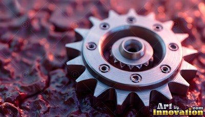 On a rough dark red surface, a polished silver cog rests under soft pink light