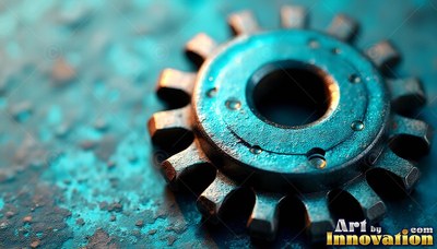 Resting on a rough surface, a teal metal gear catches warm light around its center hole