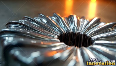 Polished chrome metal gear with soft orange lights behind it