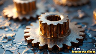 Brass gears sit on a wet steel surface, catching warm light across their teeth