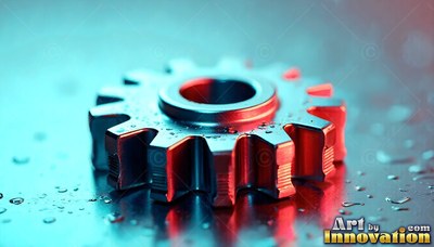 Lying flat on a wet surface, a steel gear reflects blue and red light