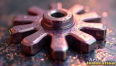 A single purple metal gear rests flat on a dark speckled surface