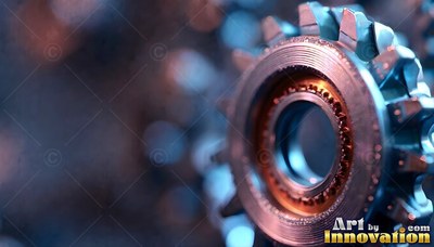 In soft blue light, a round steel cog with fine teeth stands out against a blurred backdrop