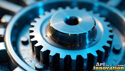 Sitting inside a machine, a polished steel gear catches cool blue light