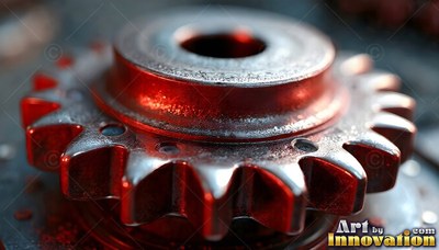A steel gear with red light reflected on its teeth
