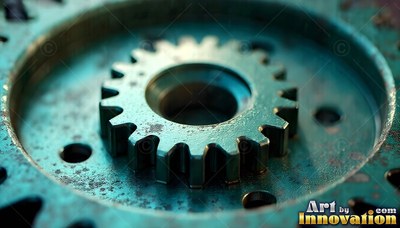 Speckled teeth on a turquoise metal gear sitting inside a larger wheel in soft light