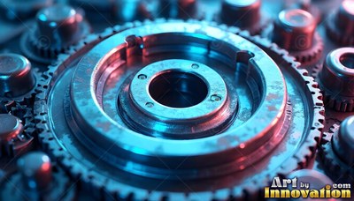 A large metal gear rests among smaller cogs under cool blue and pink light