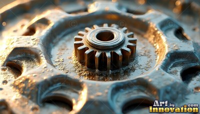 Tilted close up on a wet steel gear resting in golden light