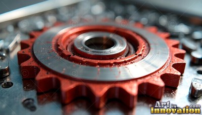 On a metal workbench, a red and silver cog rests close up under bright light