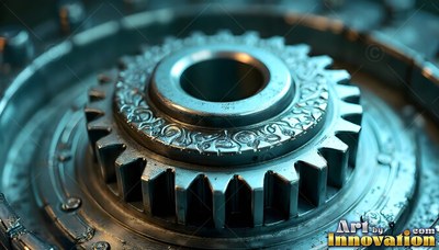 Close-up of a carved steel gear with teal lighting