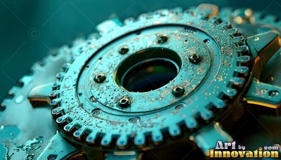 Specks of gold dust rest on a turquoise metal cog under soft lighting