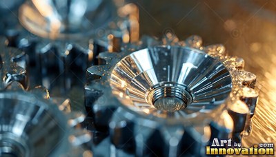 Polished steel cogs interlock together under warm golden side lighting