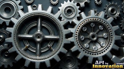 Two large gray toothed metal wheels interlock beside several smaller cogs