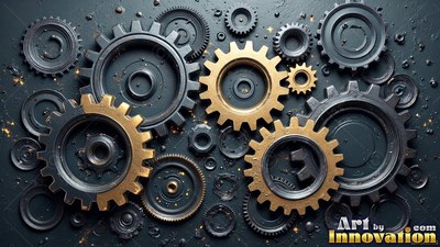 On a dark speckled surface, brass and gray steel gears interlock in soft light