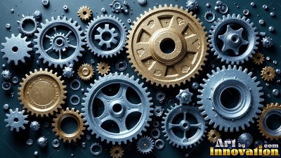 Interlocking on a dark surface, silver and brass gears rest side by side