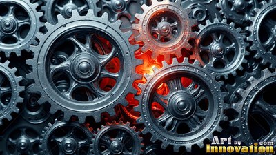 Steel gears meshed together over a bright orange light
