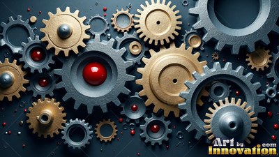 Smooth red spheres sit inside gray and gold cogs linked across a dark surface