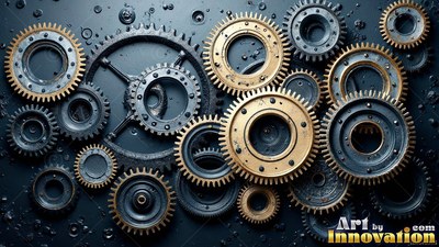Metallic gears interlock across a dark surface, reflecting warm golden highlights