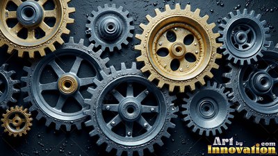 Lying flat on a dark wet surface, brass and iron gears interlock