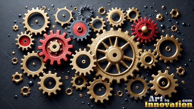 On a dark textured surface, gold and red cogs interlock together