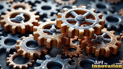 Resting on a dark surface, bronze and silver cogwheels interlock in soft light