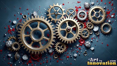 Brass gears and red wax drops scattered on blue metal